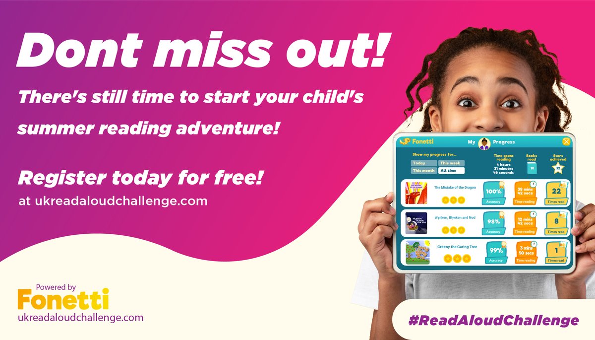 ReadAloudNow's tweet photo. It's not too late ... get your child ready for the new school year. After reading aloud using innovative speech recognition, they'll be extra confident for September.

Register now to start your child’s free Summer UK Read Aloud Challenge. 📚

👉 https://t.co/TAO6mQ8eqF https://t.co/45WNCjiO3m