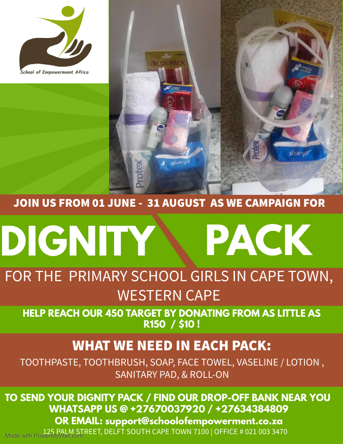 SOEAFRICA's tweet photo. Help reach our 450 Dignity Packs target before 31 August 2022 by donating from as little as ZAR 150/ US$10 per pack. 50 Dignity packs raised , 400 Dignity packs more to go...Yes we can restore the dignity of the Girl Child
https://t.co/9GmIPDEnnh
#dignity #dignitypackcampaign https://t.co/OHH4YOorcw
