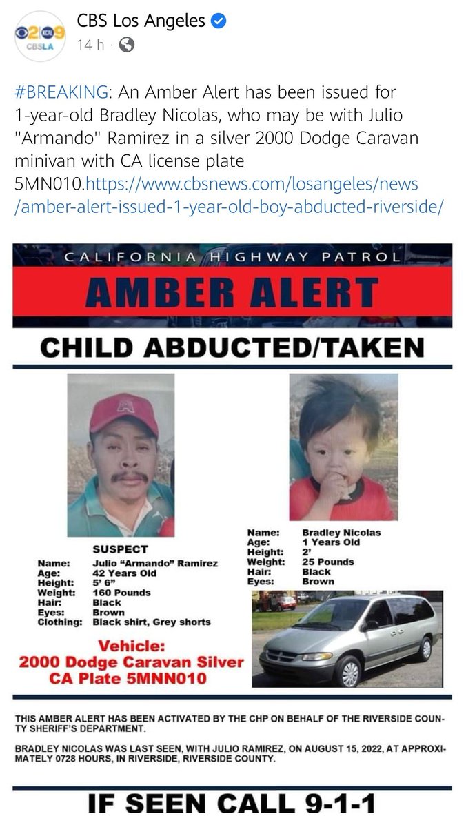 lostplanetearth's tweet photo. #BREAKING: An #AmberAlert⚠️has been #issued 4 #missing🆘 1-year-old #BradleyNicolas, #maybewith⚡ #JulioRamirez "#Armando". #Silver 00 #DodgeCaravan #minivan #CA #licenseplate 5MN010 #Usa #UsaCrime #UsaNews #usamissing #California
https://t.co/jIaRHdeonR
https://t.co/9sj8DljXU7 https://t.co/ruHZd4ZyPd
