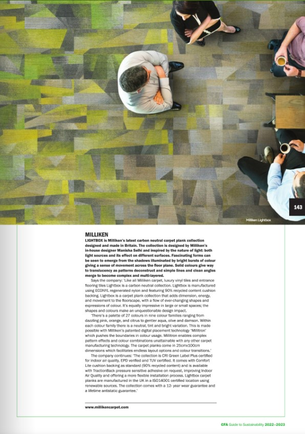 MillikenEurope's tweet photo. Thanks @CFA_Association for featuring our #carbonneutral carpet plank collection 'Lightbox' in your 2022-23 Guide to Sustainability💚
#MadeintheUK using @ECONYL regenerated nylon https://t.co/Gh0qzlz3P7