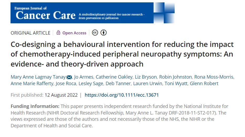 🌟New publication:
In this paper, we present a self-regulation model of #CIPN and the process of co-designing a behavioural intervention for reducing the impact of #CIPN symptoms using #EBCD and #CommonSenseModel #MRCFramework

👉Full text here: bit.ly/3zZMrYn