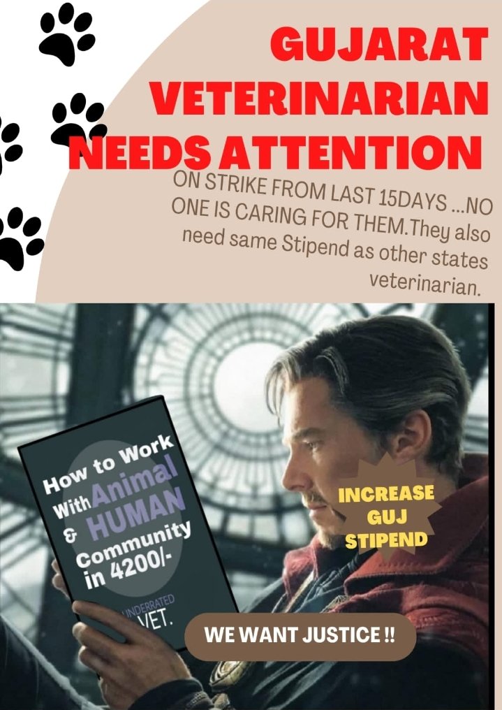 We demands increase stipend allowance of #Veterinarians as par with the #medicos.
When the High court says that Vets are no different from other medical officers. then why are you doing this discrimination...
#Increase_Guj_vets_stipend 
#united_Guj_vets
<a href="/CMOGuj/">CMO Gujarat</a>
<a href="/Bhupendrapbjp/">Bhupendra Patel</a>