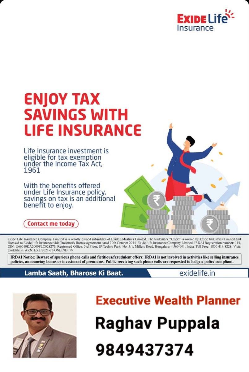 SangeethaLakka1's tweet image. Enjoy tax savings with life Insurance.
Exide Life Insurance for more details Call:9849437374
#exidelifeinsurance #investment #taxsavings #incometax #benefits #lifeinsurancepolicy #wealthplanner
