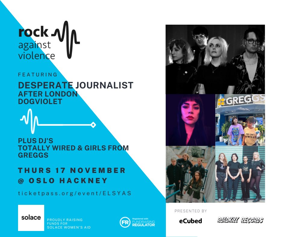 We’re raising money for <a href="/SolaceWomensAid/">Solace Women's Aid</a> with <a href="/eCubedUK/">eCubed</a> in Nov at <a href="/OsloHackney/">Oslo Hackney</a> 🙏 
w/ <a href="/DespJournalist/">Desperate Journalist</a> @afterlondonband <a href="/dogvioletband/">Dogviolet</a>
