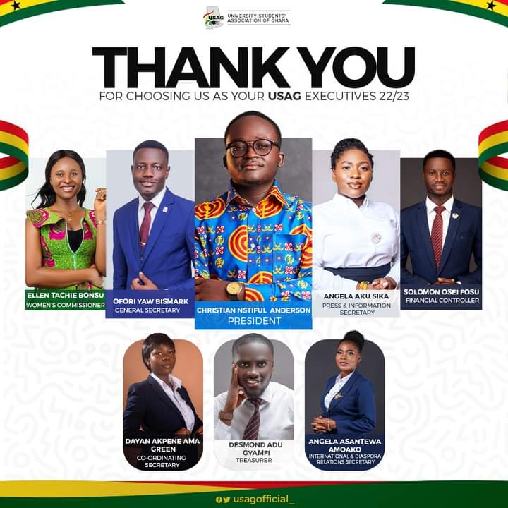 CPArmah's tweet photo. This is the team responsible for steering the affairs of the USAG - University Students' Association of Ghana for the next academic year, 2022/2023. I wish them the very best and God's guidance to deliver. https://t.co/sz90LuoPFE