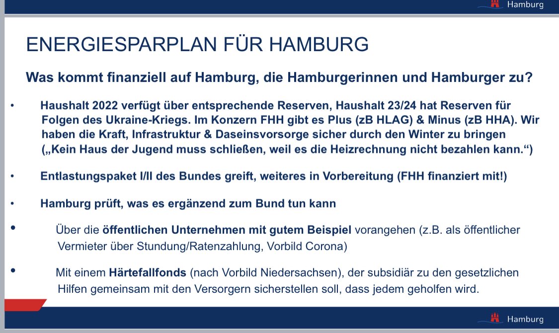 .⁦<a href="/Senat_Hamburg/">Hamburger Senat</a>⁩ beschließt #Energiesparplan mit 25 Punkten für den öffentlichen Bereich - Wir prüfen zur Entlastung auch #Härtefallfonds nach Vorbild Niedersachsen &amp; Verzicht auf #Gasumlage bei ⁦<a href="/HH_Energiewerke/">Hamburger Energiewerke GmbH</a>⁩ - Wir bringen Hamburg solidarisch durch den Winter💪!