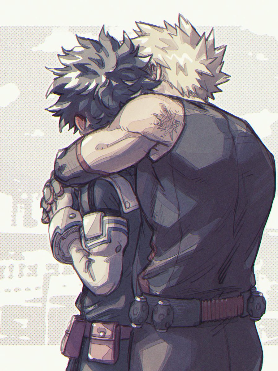 bakugou katsuki ,midoriya izuku multiple boys male focus 2boys spiked hair blonde hair hug gloves  illustration images