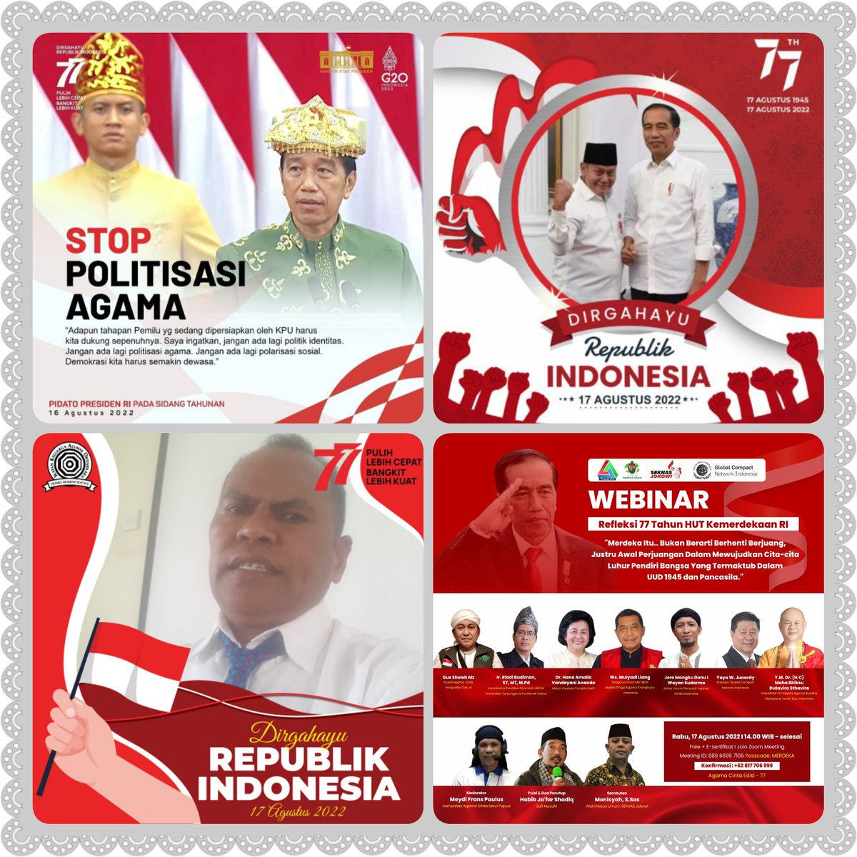 AgusSho62811788's tweet photo. 🌈WEBINAR REFLEKSI #HUT77RI
@jokowi
"Merdeka Itu.. Bukan Berarti Berhenti Berjuang, Justru Awal Perjuangan Dalam Mewujudkan UUD 1945 & Pancasila"
Rabu, 17 Agustus 2022
14.00 WIB
Zoom Meeting
#AgamaCinta
#GlobalCompactNetworkIndonesia #SeknasJokowi #YayasanPondokKasih https://t.co/kKBX6MiJLg