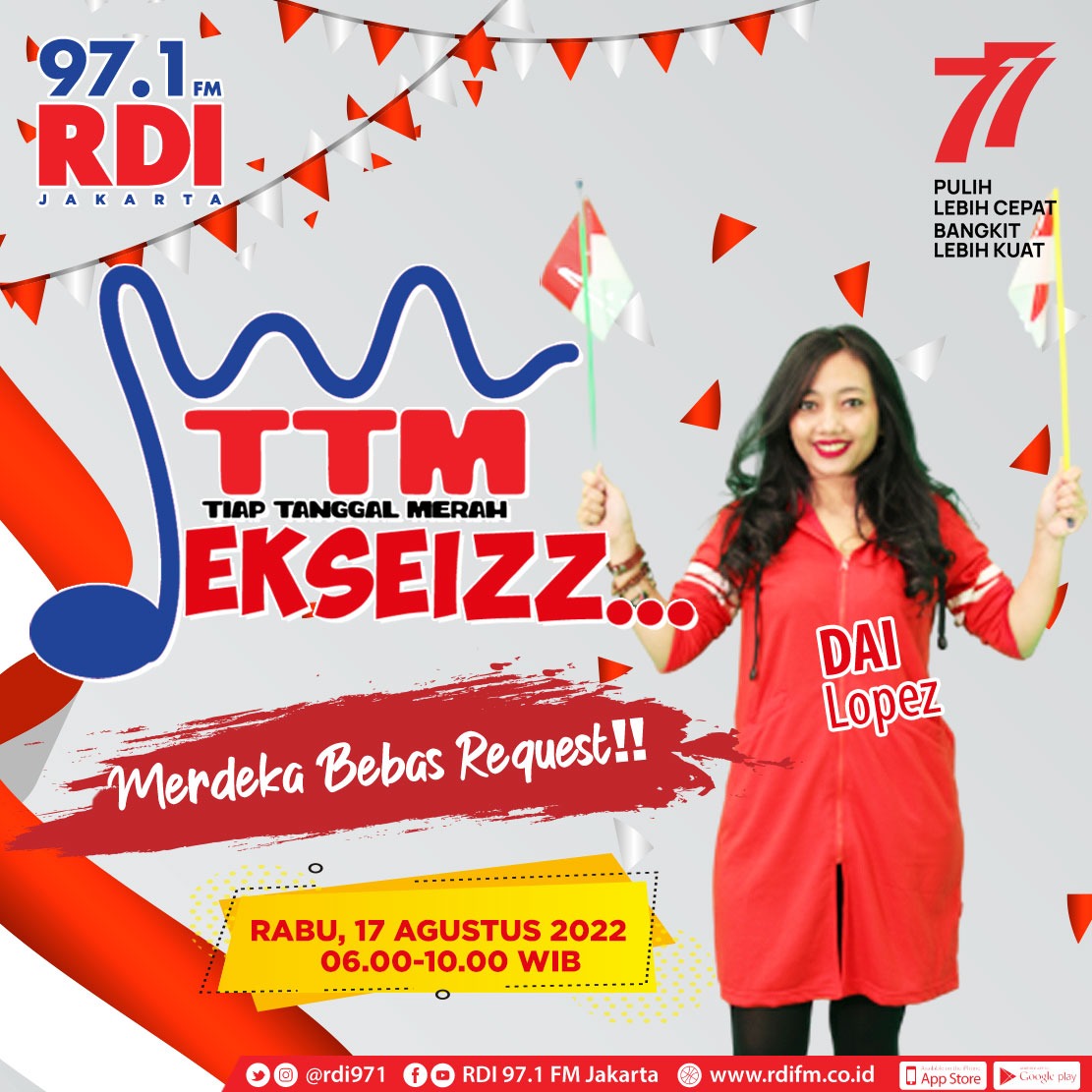 #TTMeksiezz 

Halo sobat RDI!! Sambil nunggu lomba 17an dimulai, yuk dengerin TTM bareng Dai Lopez yang akan nemenin kamu special hari kemerdekaan ini!!