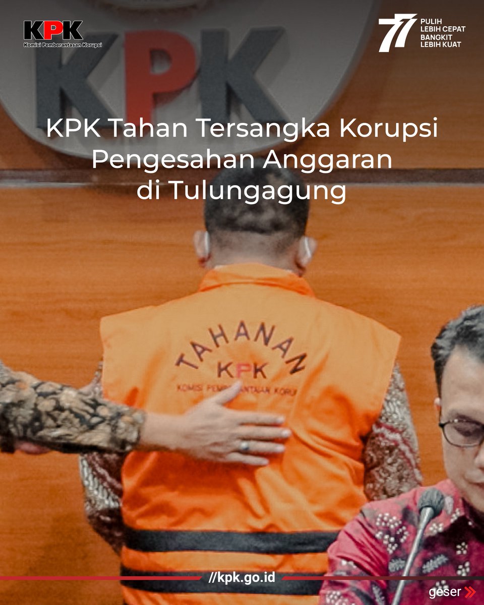 [SIARAN PERS] Jakarta, 12 Agustus 2022. KPK melakukan penahanan tersangka AB (Wakil Ketua DPRD Kab Tulungagung) atas dugaan TPK berupa penerimaan hadiah/janji terkait pembahasan, pengesahan &amp; pelaksanaan APBD &amp; APBD-P Kab Tuluagung. (1/4)
🔗kpk.go.id/id/berita/siar… 

#PenahananKPK