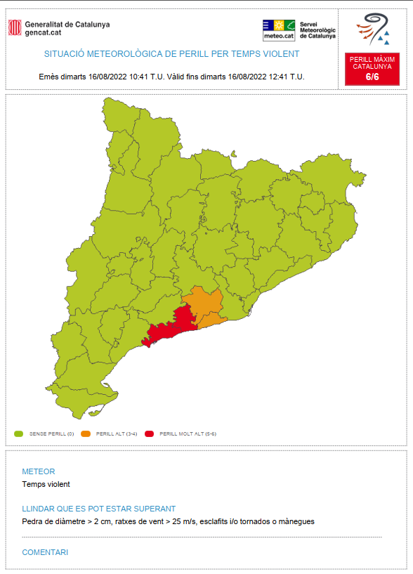 meteocat's tweet photo. ⚠ El Servei Meteorològic de Catalunya emet un avís per temps violent (#avisosSMP) ⚠

➡ Dm. 10:41 TU - 12:41 TU 

➡ Possibilitat de pedra de diàmetre > 2 cm, ratxes de vent > 25 m/s, esclafits i/o tornados https://t.co/46Exv3K8LF