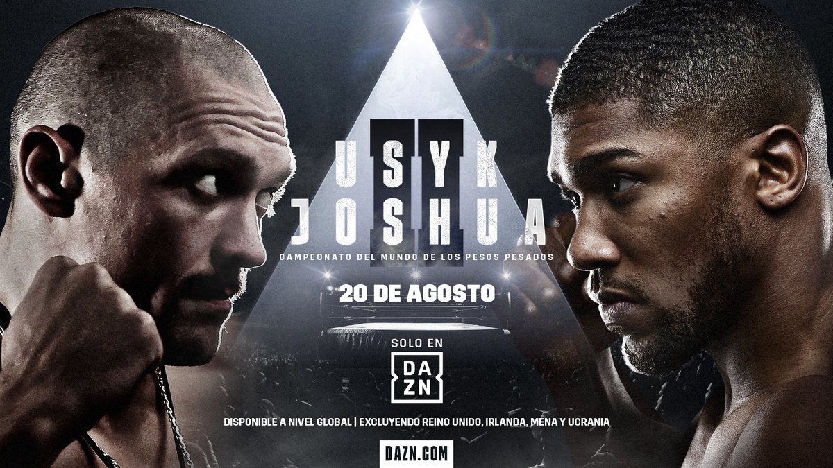 DAZN_ES's tweet photo. Usyk derrotó a Joshua en septiembre de 2021 convirtiéndose en el campeón unificado de los pesos pesados...

Y ahora se lo vuelve a jugar TODO 💥 Ante el MISMO RIVAL 🔥

🗓 Este sábado 20 de agosto
⏰ A partir de las 19h
📺 DAZN

¿Te lo vas a perder? 😏

#UsykJoshua2 #BoxeoDAZN 🥊 https://t.co/QctGj891YR
