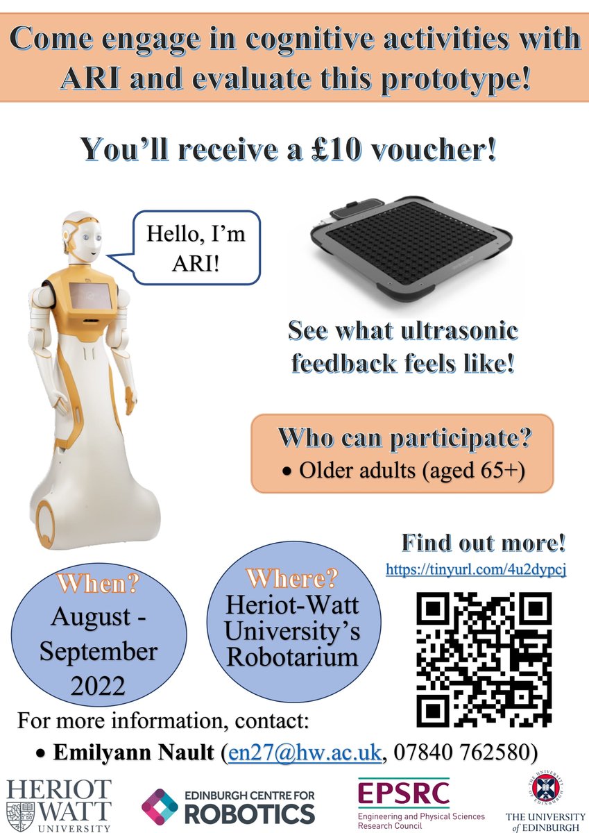 🚨Looking for #olderadults to evaluate a #robotic 🤖prototype with ultrasonic #haptic feedback 🫳.
Please dm or email me with any questions/if interested. 
Flyer (img below): tinyurl.com/protoevalrobot
Info Sheet: tinyurl.com/4u2dypcj