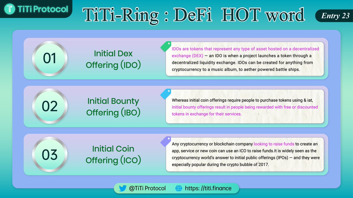 TiTiProtocol's tweet photo. 🥳Hey TiTiers,here're the #DeFi jargons you need to know 🔥
1⃣IDO❓
2⃣IBO❓
3⃣ICO❓
Let's check out the latest #TiTiRing together 👇
#TiTiProtocol #TiTiTestnet #Testnet
#stablecoin #DeFi #NFTs #Web3 #GameFi #blockchains #NFT #Bitcoin #cryptocurrencies https://t.co/h6fWqWAb9d