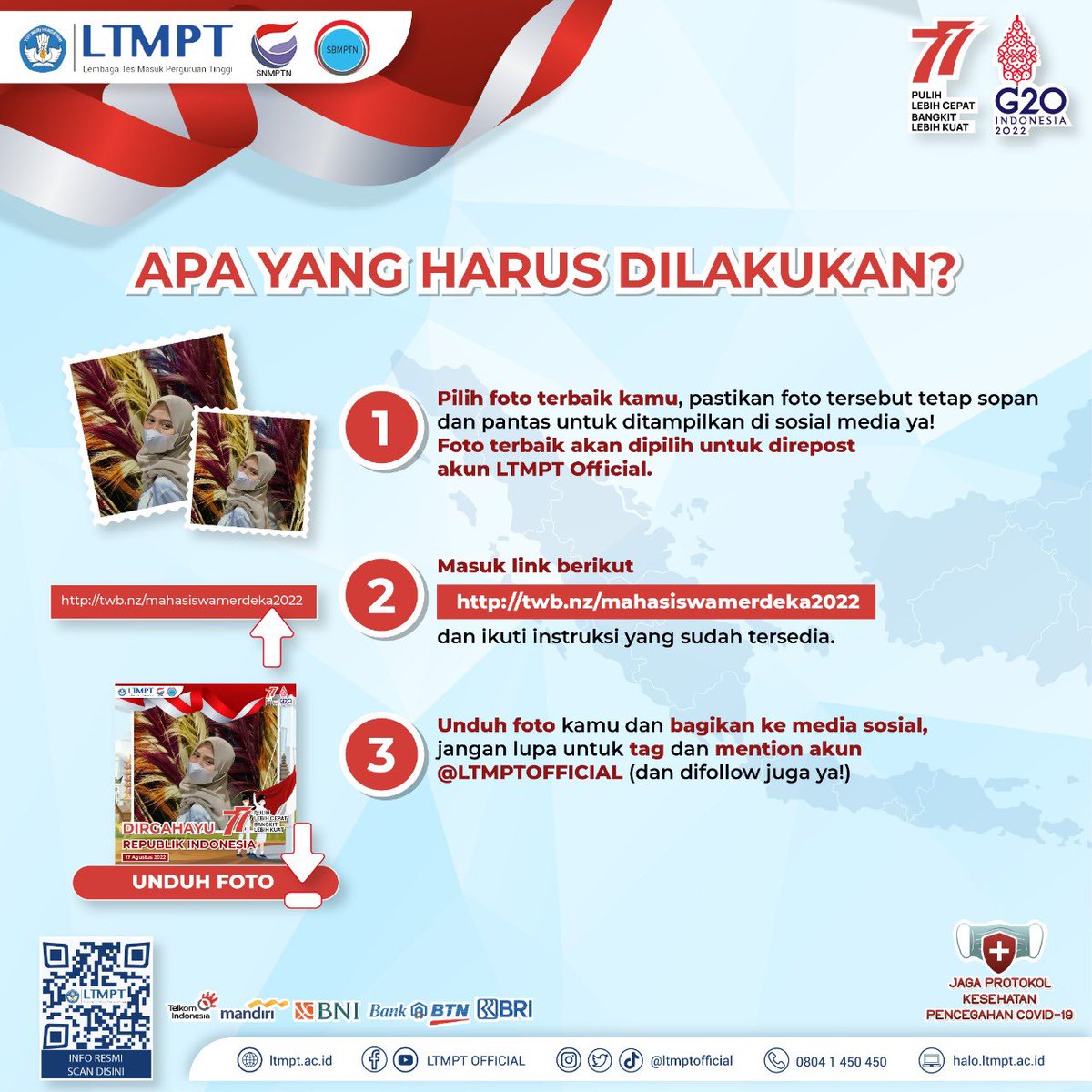 ltmptofficial's tweet photo. Ayo Mahasiswa Indonesia tunjukkan kemeriahan HUT RI ke-77 dengan menggunakan Twibbon Kemerdekaan Versi Mahasiswa Merdeka!

#HUTRI77 #PulihLebihCepat #BangkitLebihKuat #LTMPT2022 https://t.co/nPdR4bzgQs