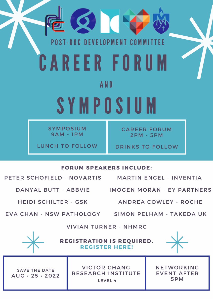 PddcSydney's tweet photo. CAREER FORUM and SYMPOSIUM, 25 Aug. 2022. One week to go to our yearly event; we are beyond excited to have excellent Postdoc talks mixed up with a fantastic line-up of leaders of careers in industry! 😊😱 @VictorChangInst @GarvanInstitute https://t.co/lreDHxROph