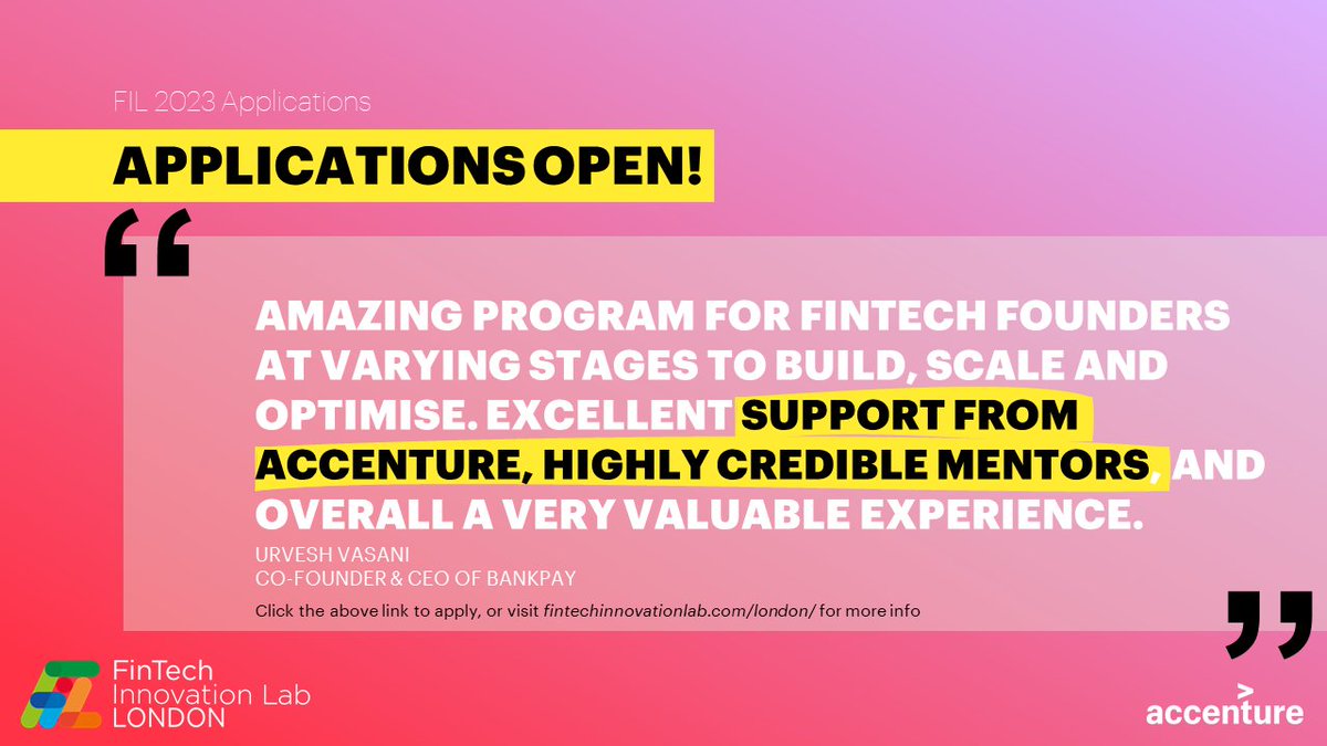 FinTechLabLDN's tweet image. ⏰ Applications for #FIL2023 are now open! ⏰
@UrveshVasani, Co-Founder & CEO of @Bankpay_global said that the FinTech Innovation Lab helps #FinTech Founders “build, scale and optimise!" 🏗️
Apply now: f6s.com/fintech-innova…
#innovation #openbanking #payments #accelerator