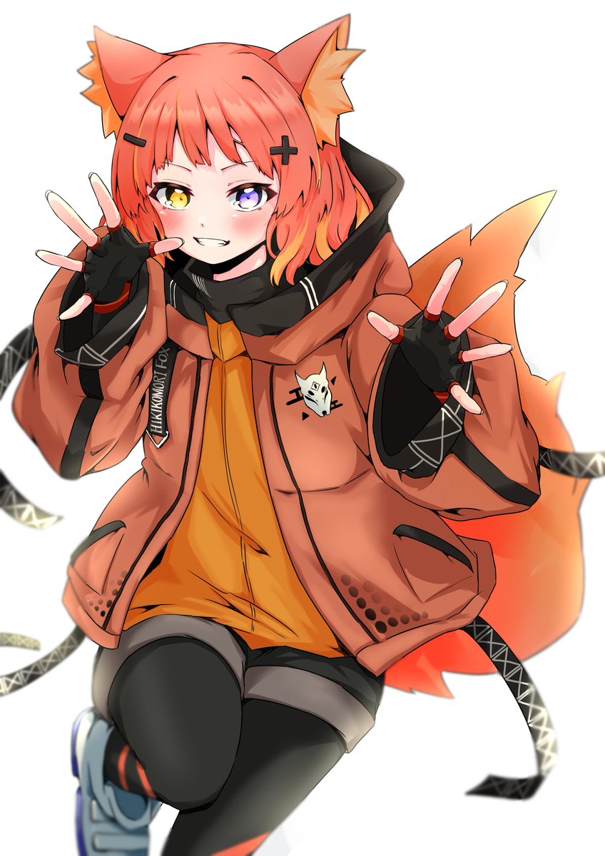 1girl heterochromia animal ears tail gloves fingerless gloves fox tail  illustration images