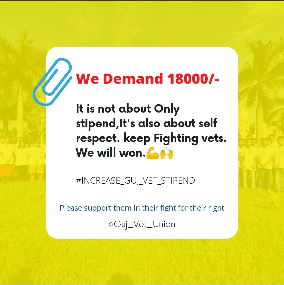 #Increase_Guj_Vet_Stipend 
#guj_veterinary_students_on_strike 
#guj_vet_union 
<a href="/CMOGuj/">CMO Gujarat</a> <a href="/RaghavjiPatel/">Raghavji Patel</a> <a href="/KanuDesai180/">Kanu Desai</a> <a href="/CRPaatil/">C R Paatil</a> <a href="/ndtv/">NDTV</a> <a href="/tv9gujarati/">Tv9 Gujarati</a> <a href="/VtvGujarati/">VTV Gujarati News and Beyond</a>
<a href="/tv9gujarati/">Tv9 Gujarati</a> <a href="/etv/">@etv</a> <a href="/sandeshnews/">Sandesh</a> <a href="/VtvGujarati/">VTV Gujarati News and Beyond</a> <a href="/Zee24Kalak/">Zee 24 Kalak</a> <a href="/GSTV/">GSTV</a> <a href="/abpasmitatv/">ABP Asmita</a> <a href="/CNNnews18/">News18</a> <a href="/ddgirnarlive/">Doordarshan Girnar</a> <a href="/CMOGuj/">CMO Gujarat</a>