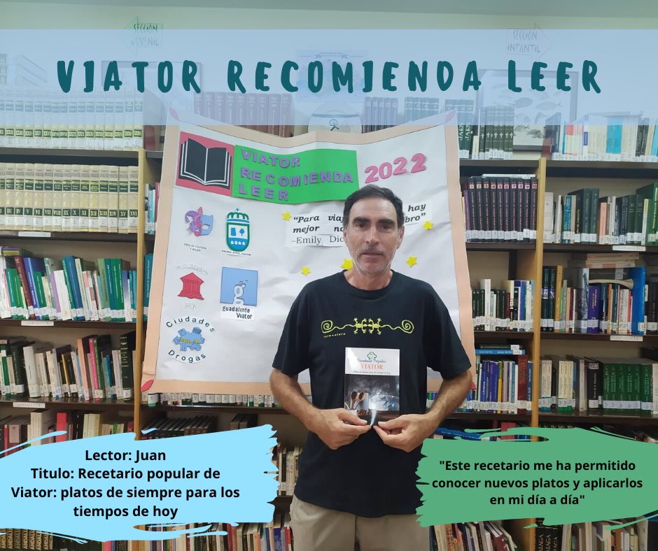 Nuestro vecino Juan nos recomienda leer el recetario popular de Viator “platos de siempre para los tiempos de hoy”.📕📗📘🥗🥘🍲

🔄🔄¿Y tú? ¿Qué libro nos recomiendas leer de nuestra biblioteca?

#ViatorRecomiendaLeer
<a href="/ManuelJAlcalde/">Manuel Jesús</a>
<a href="/culturaviator/">CulturaViator</a>
<a href="/viatoraldia/">Ayuntamiento de Viator</a>