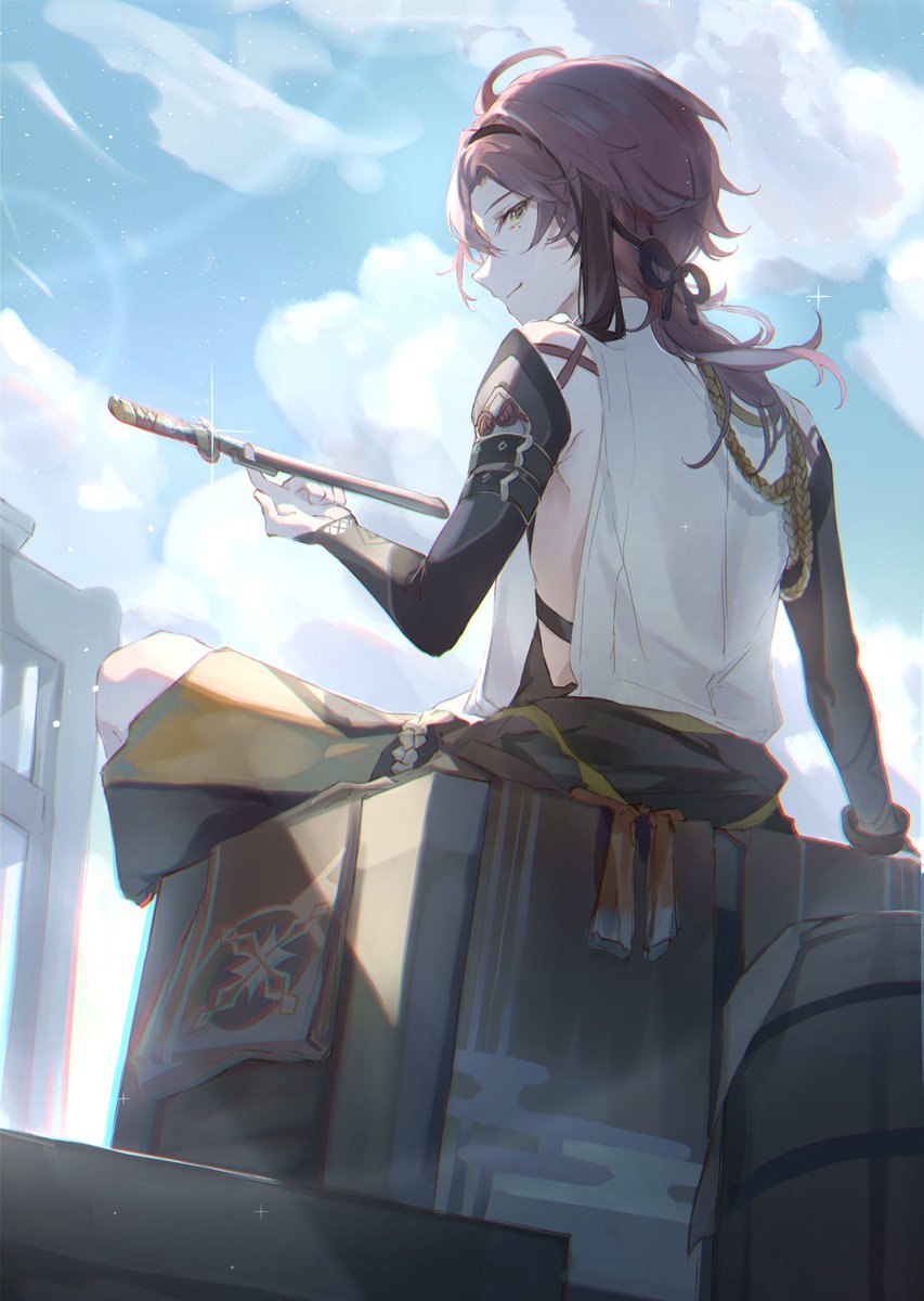 1boy male focus cloud sky solo japanese armor sitting  illustration images