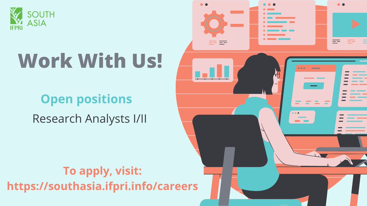 IFPRISAO's tweet photo. #JoinIFPRI
We are looking for a motivated and data-oriented Research Analyst to work with our senior researchers at @IFPRI's South Asia Regional Office in #NewDelhi, #India.
โ๏ธTo Apply: https://t.co/ejO2FqyCOB
#PositionsOpen #Jobs #HR #Researchers #Agriculture #Nutrition #Policy https://t.co/Y6YxTZU2qz