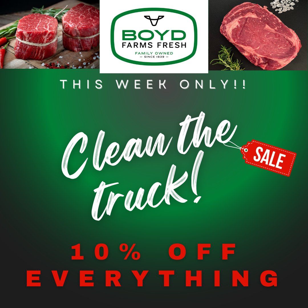 🔥 CLEAN THE TRUCK SALE - This Week Only! 🔥

We only do this twice a year! Through Sunday - get 10% OFF all cuts of our farm-fresh, <a href="/FCRbeef/">Florida Cattle Ranchers</a>.

ORDER NOW (by 9am on Wednesday) for shipping this week: boydfarmsfresh.com/collections/bf…