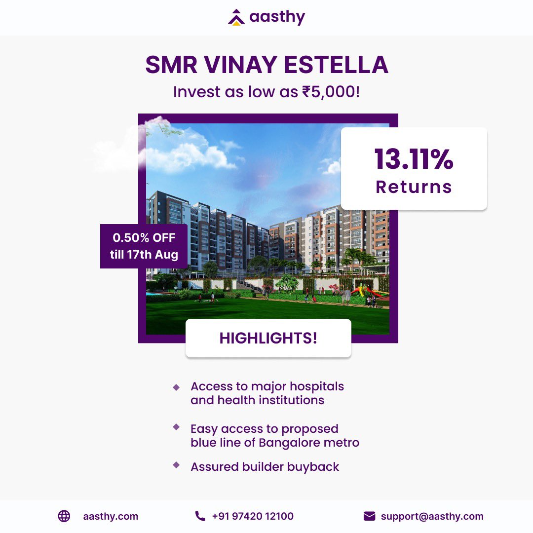AasthyRE's tweet photo. Extremely excited to announce another prime listing - SMR Vinay Estella, Bengaluru open for fractional investments.
Minimum Investment Amount = Rs 5000
Assured Returns = 13.11%
Invest by 17th Aug to earn 0.5% discount https://t.co/46GUtiTq3h
#aasthy #realestate #wealthmindset https://t.co/A5tOqpDQ0h