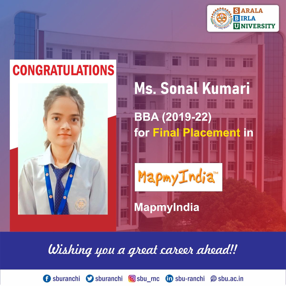 sburanchi's tweet photo. Congratulations to Ms.Sonal Kumari of BBA 2019-22 Batch students for her Final Placement in MapmyIndia.
#sbu #sburanchi #campusplacement #finalplacement #bba #bbaplacement #MapMyIndia https://t.co/LEd2or8OAk