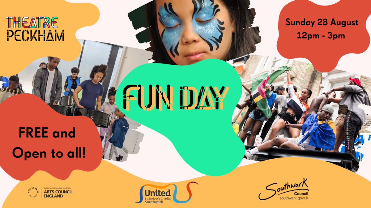 Our friends <a href="/TheatrePeckham/">Theatre Peckham</a> are holding a free FUN DAY on Sunday 28 August, 12pm - 3pm!
There will be food, stalls, face painting, a raffle, steel pans, arts &amp; crafts, workshops and more.
All welcome - no need to book just come along to 221 Havil Street, London, SE5 7SB.