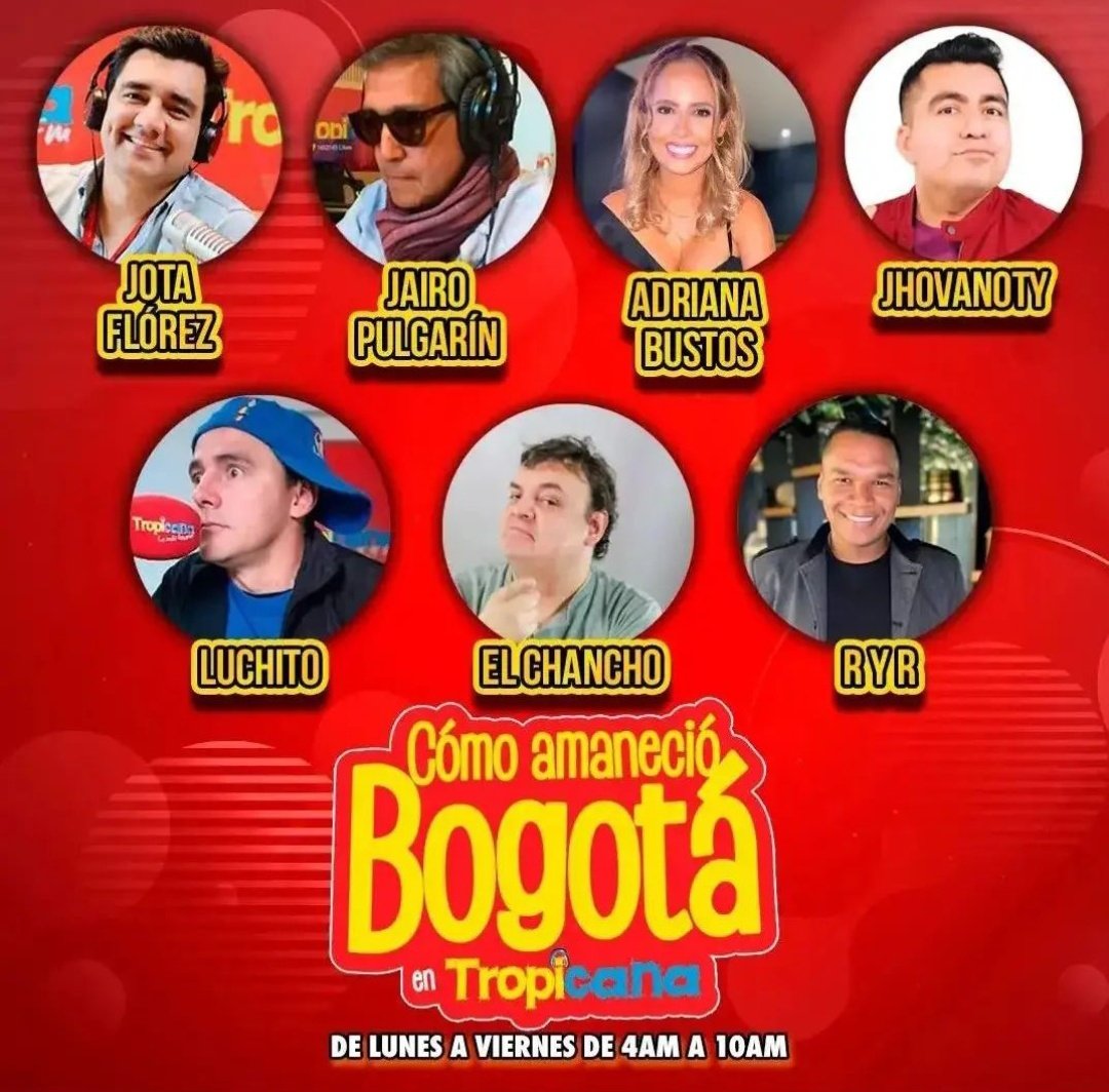 En las mañanas #CómoAmanecióBogotá en Tropicana, de lunes a viernes desde las 4am .  <a href="/jojojotaflorez/">Jota Flórez</a> <a href="/jairopulgarin/">Jairo Pulgarin</a> <a href="/PereTantico/">Fabricio zúñiga</a> <a href="/luchitohumor/">LUCHITO (L)</a> <a href="/ElChancho414/">El Chancho</a> <a href="/ricardoelryr/">Ricardo Ramirez ®️&®️</a> <a href="/soyadribustos/">@YoSoyAdrianaBustos</a>