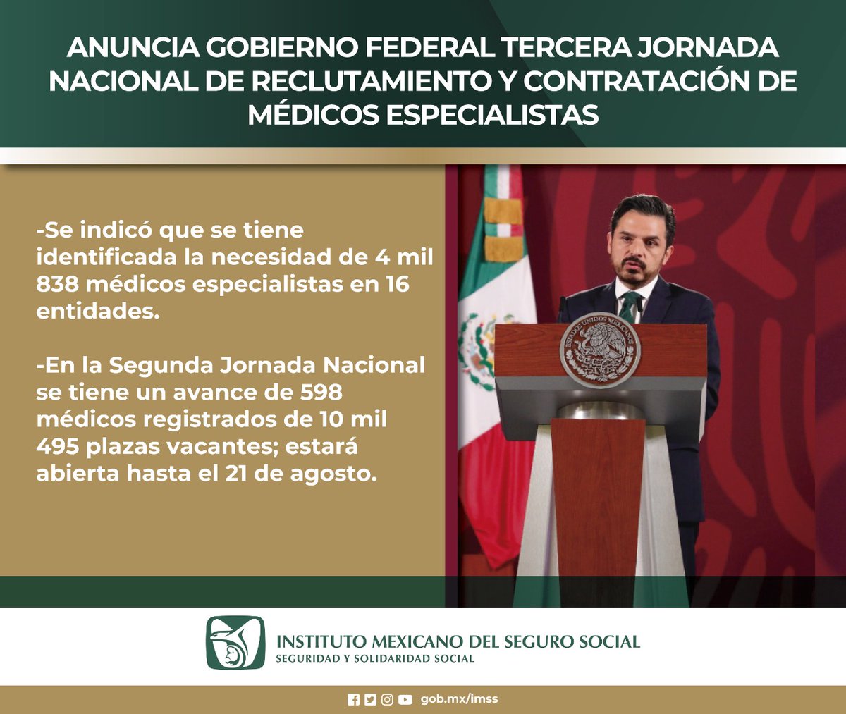 Anuncia @GobiernoMX tercera Jornada Nacional de Reclutamiento y Contratación de Médicos Especialistas ➡️ bit.ly/3SSqu6i #ContrataciónPersonalMédico 👩🏽‍⚕️🧑🏻‍⚕️👨🏾‍⚕️