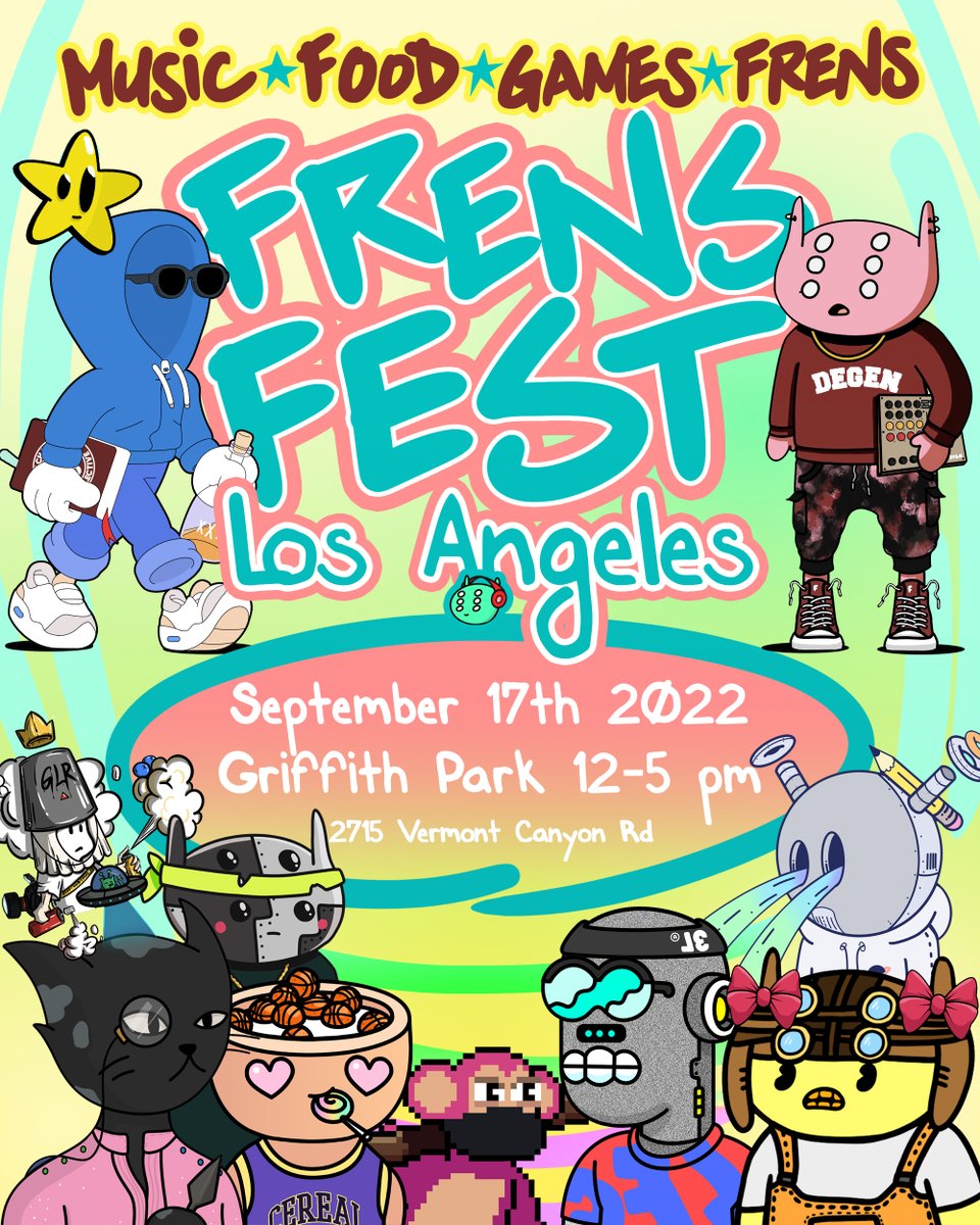 FRENS FEST LA on Sept. 17th!✨ Co-organized with <a href="/amplive/">AMP LIVE</a> <a href="/starquality718/">STAR⭐️</a> @BreDonofrio <a href="/beardmagic18/">ALEX | beardmagic.eth 🎙</a> &amp; <a href="/musicwithfrens/">Music With Frens</a> 🤝 Thx to <a href="/alienfrens/">alien frens</a> for supporting us - <a href="/quirkiesnft/">Quirkies</a> <a href="/FelineFiendz/">Fiendz</a> <a href="/3LandersNFT/">3Landers 👀</a> <a href="/cerealclubnft/">Cereal Club</a> <a href="/NaughtyDots/">Look at bio ( WDPP & NDPP )</a> <a href="/ChimpersNFT/">Chimpers Archived</a> + ALL WEB3 FRENS pull up!!! 🔉🌮🏈🎤🔥