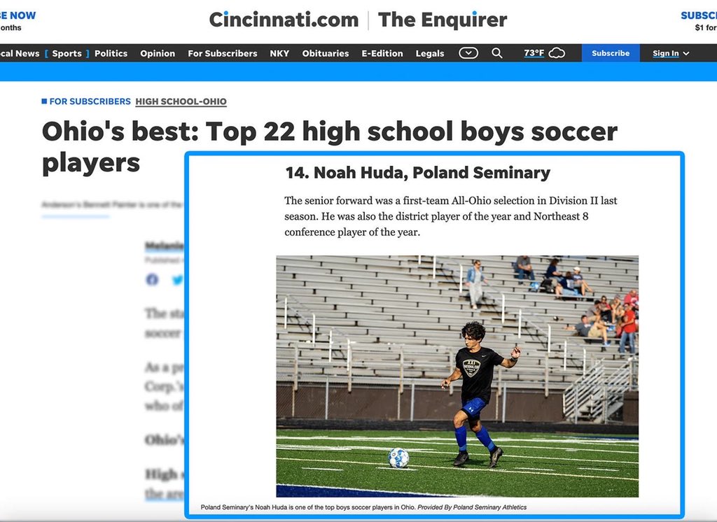 PolandAthletics's tweet photo. Congratulations to Poland Bulldog Noah Huda, named Top 22 Ohio Boys Soccer in the Cincinnati Enquirer! ⚽️ https://t.co/A6acrS6PBl
