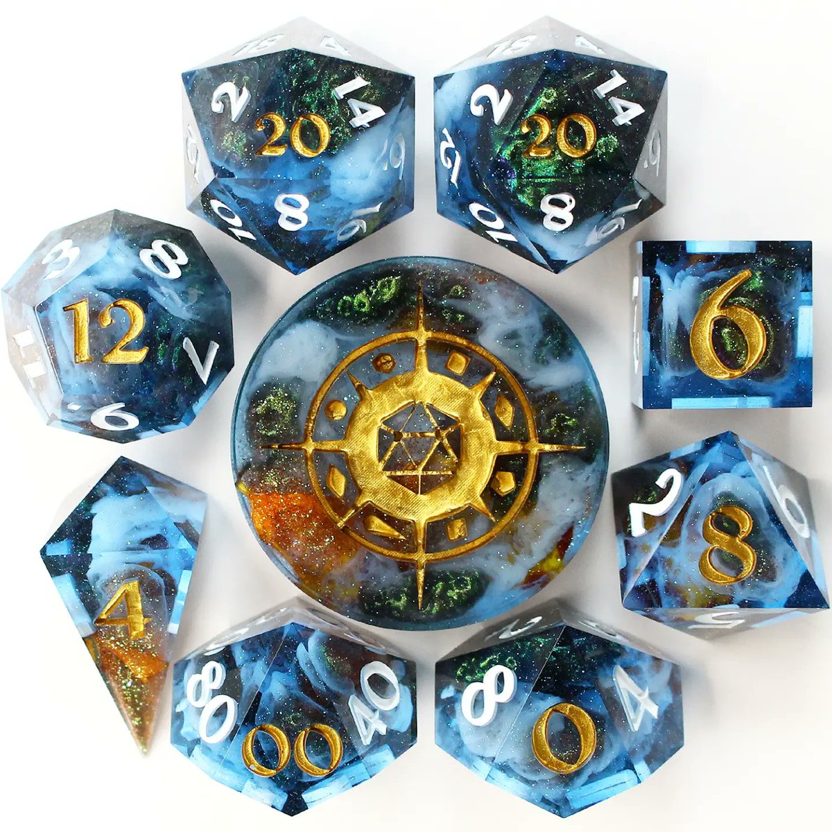 dicepoint's tweet photo. 🎲 LIURNIA // 9-piece set

This set was inspired by the Liurnia of the Lakes zone from Elden Ring 😄

🎉 Season 5 shop update: August 27 at 1pm EST 

#dice #eldenring #dnd #5e https://t.co/vCu4XH2cDD