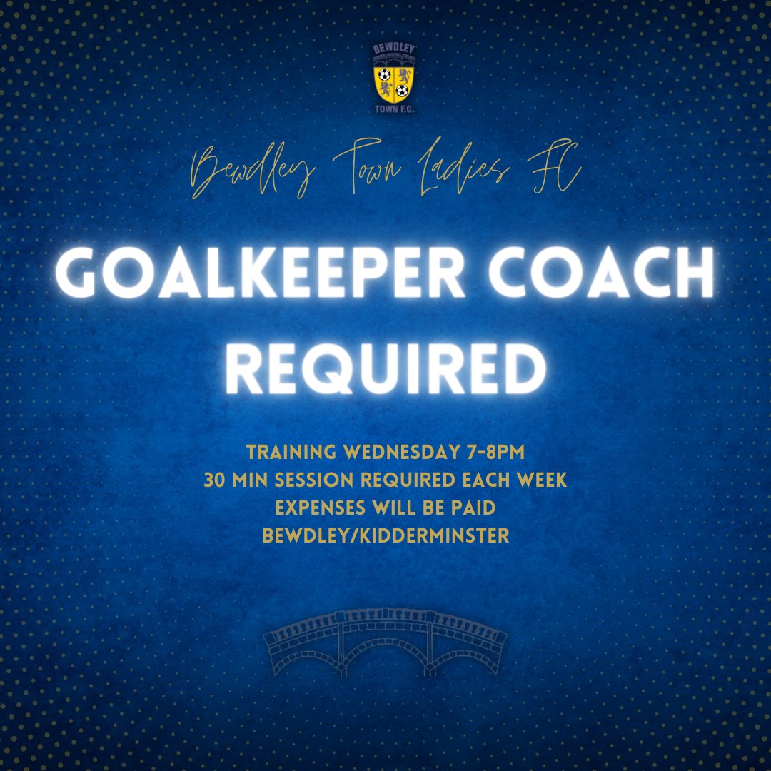 PLEASE SHARE!

We’re seeking a goalkeeper coach for the 22/23 season. 

📅 Training every Wednesday 
⏱ 30 mins between 7-8pm
📍Bewdley/Kidderminster 
🫰Expenses will be paid

If interested, please message us directly or contact Tim on 07715451076.