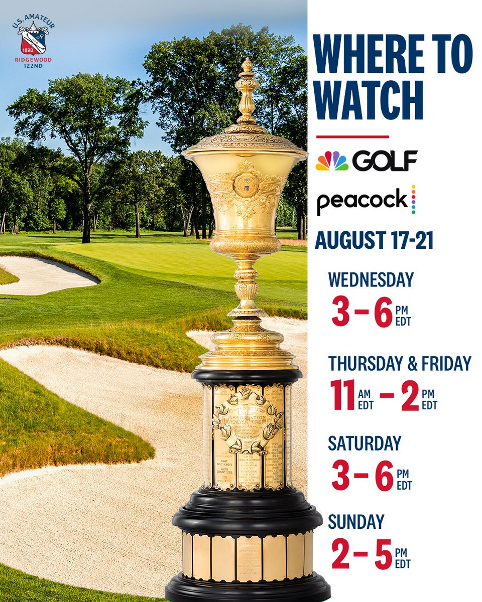 Five days of LIVE coverage from our oldest championship!

Don't miss the 122nd #USAmateur from The Ridgewood Country Club, Wednesday thru Sunday on <a href="/GolfChannel/">Golf Channel</a> and @PeacockTV.