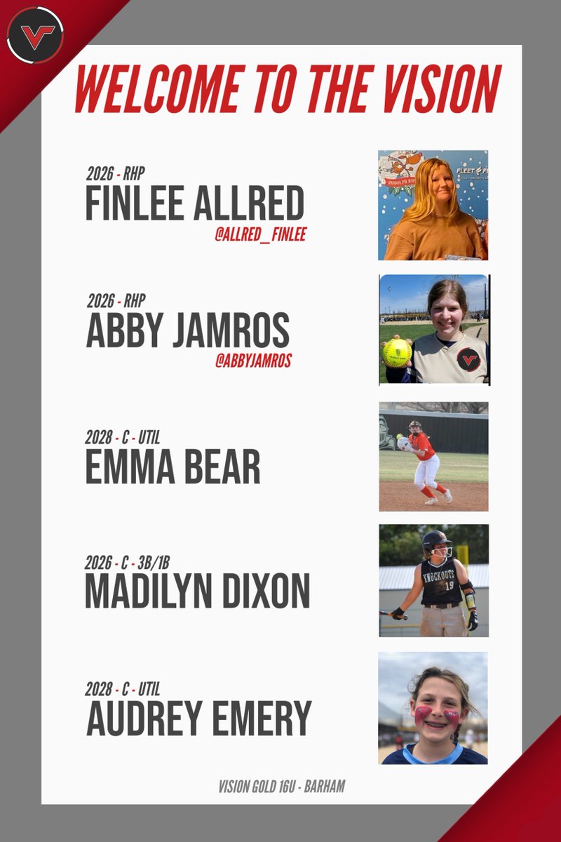 VisionGold2026's tweet photo. You’ve seen them wowing crowds at other games, now you can catch these elite athletes at Vision games! Please welcome Finlee Allred (@allred_finlee), Abby Jamros (@AbbyJamros), Emma Bear, Madi Dixon and Audrey Emery! #AlwaysWorking #BeBetter https://t.co/TiYzlOpv0I