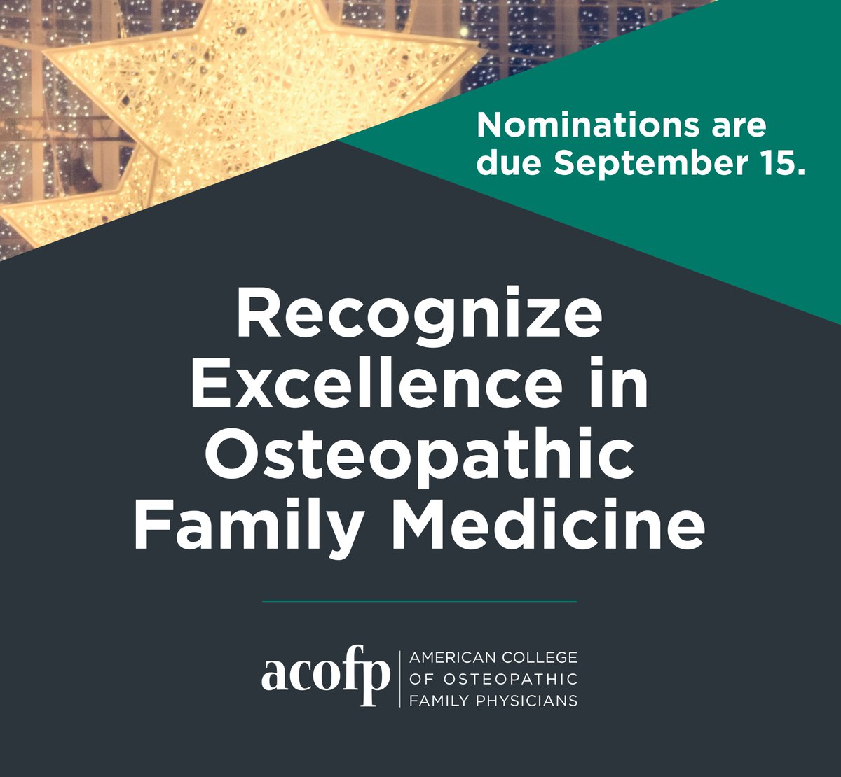 (1/2) The ACOFP New Osteopathic Family Physician of the Year Award honors physicians who have made significant contributions to family medicine between two and five years after entering the specialty and demonstrated exemplary leadership qualities.