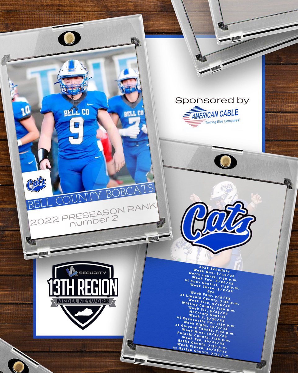 Each day we are counting down the L4 Security 13th Region Media Network Preseason Top 10 sponsored by American Cable. 

No. 2 Bell County Bobcats 
No. 3 North Laurel Jaguars 🐆 
No. 4 Williamsburg Yellow Jackets 🐝 
No. 5 Knox Central Panthers 🐆 
No. 6 (tie)?Whitley Co. Colones