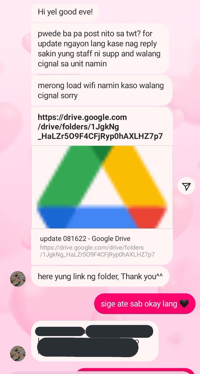 Hello! here daw po yung reply nung staff ni supplier kay ate sab kanina 

Link : ( kindly open the link ) 
drive.google.com/drive/folders/…  

Ayan daw lang po yung recent response sakanya about sa feta box, Thank you! 
 we're sincerely apologize po again sa delay 🙏