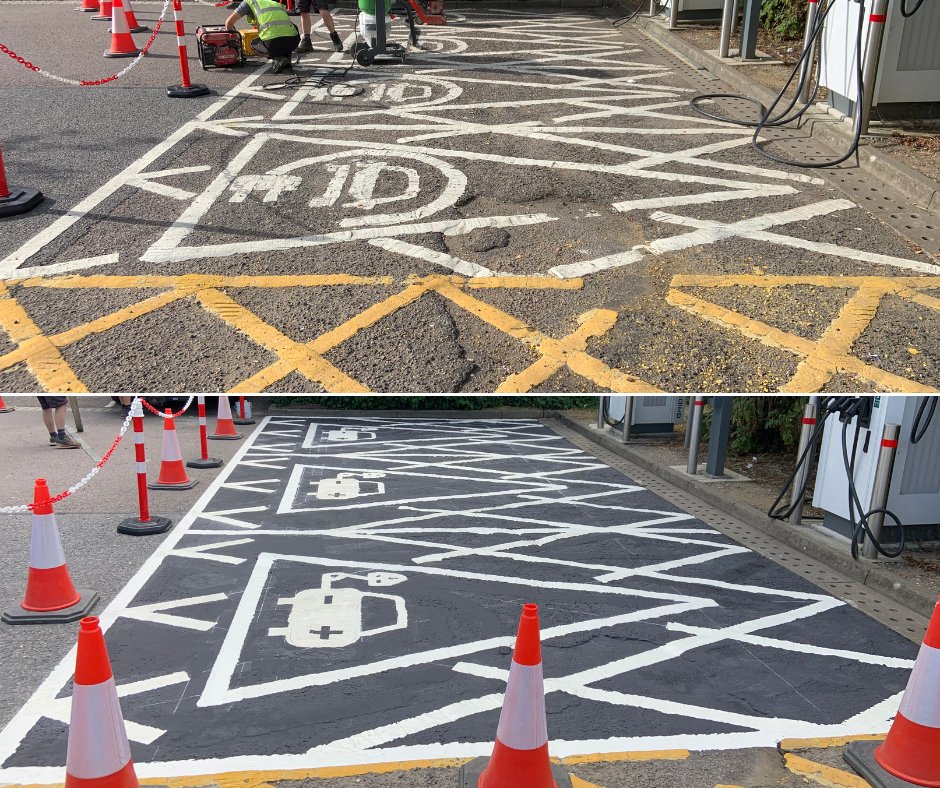 WOW, check out this before and after! 👀😍

The team pulled it out of the bag to complete this job at Clacker lane services for <a href="/RockPowerCo/">RockPowerConnections</a> &amp; <a href="/GRIDSERVE_HQ/">GRIDSERVE</a>.

What a transformation! 👏🏼

#parkingbays #carparks #linemarkings #EVbays #electriccars #roadsafety #trafficflow