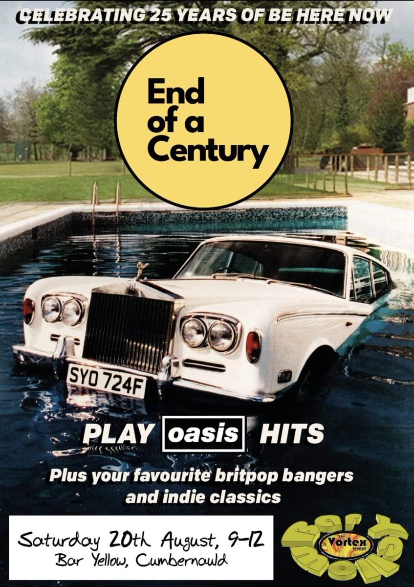 Tomorrow in The Vortex Lounge at Bar Yellow:

<a href="/century_end/">End Of A Century</a> playing a full set of Oasis, celebrating 25 years of 'Be Here Now' - as well as a set of britpop and indie classics!

#cumbernauld #supportyourlocal #livemusic #weekend