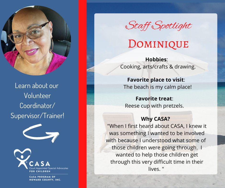 Dominique has been with CASA for 13 years!  
She loves spending time with family and friends and is an amazing cook!  She is a wonderful co-worker and friend to so many.  She truly has a heart of gold! 💛