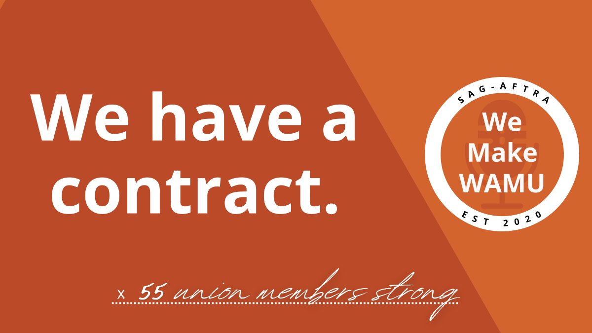 The #WeMakeWAMU union has signed its FIRST contract! 💪

Our unit overwhelmingly voted yes to a three-year agreement with WAMU and American University.

It took 40 months of organizing and hard work, but we've secured guaranteed raises, new salary floors, and a seat at the table.