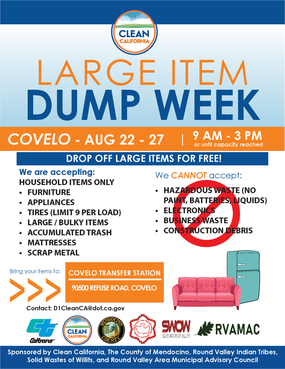 CaltransDist1's tweet photo. 📍 ICYMI We're holding a Large Item Dump Week in Covelo next week! Bring your unwanted items to the Covelo Transfer Station.
Details at https://t.co/KtJ11T3MXU
#CleanCA #CleanHighways @countymendocino #SWOW #RVIT #RVAMAC @CaltransHQ @CAgovernor https://t.co/YYuKovfngV