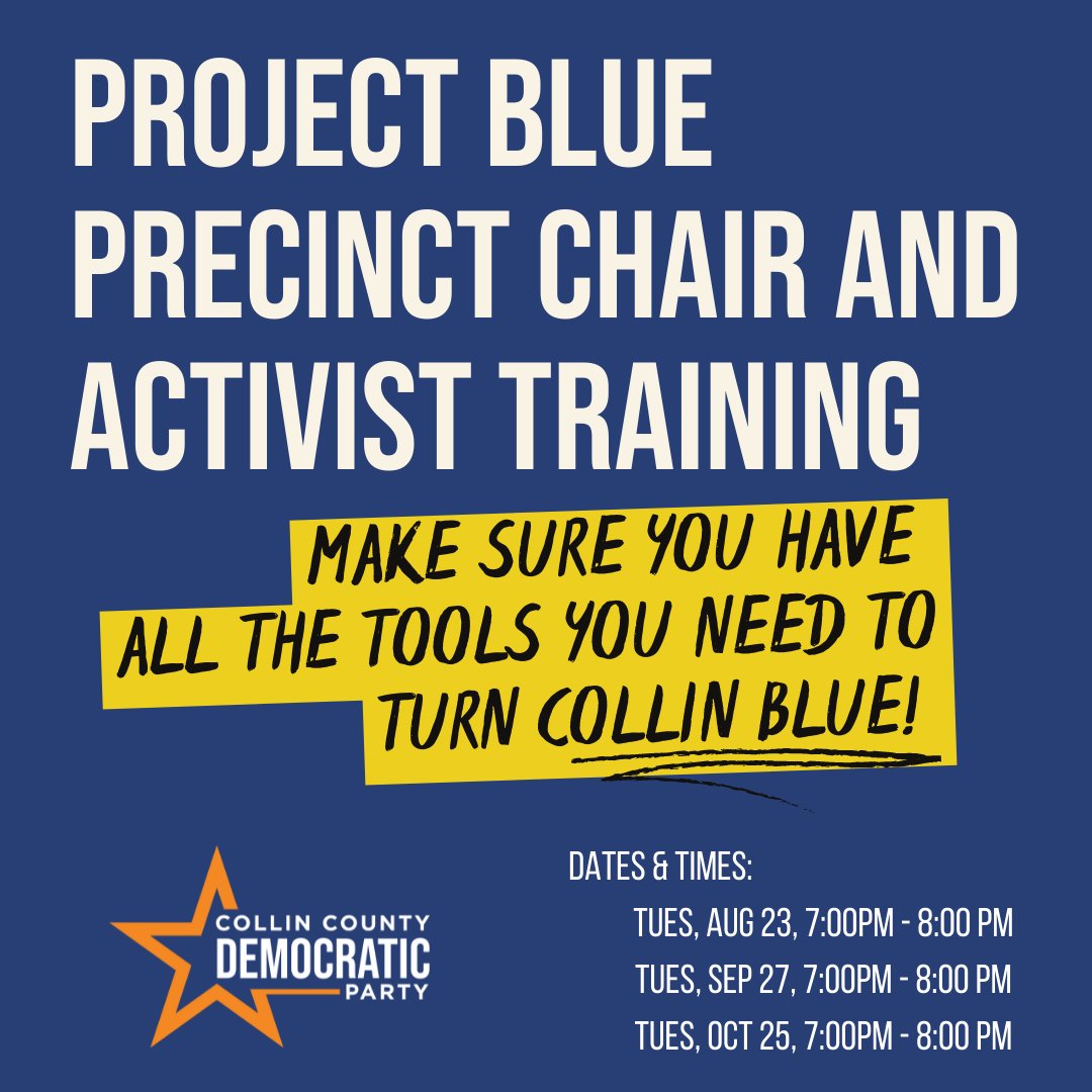 CollinDemocrat's tweet photo. Whether you're a new or continuing Collin County Democratic Party precinct chair or an activist volunteering to elect Democrats, join us for a combined online training sessions
https://t.co/OVsgctbaVh
#CollinBlue22 #TurnCollinBlue #TrueBlueCollin https://t.co/A3zUeQ8ZGJ