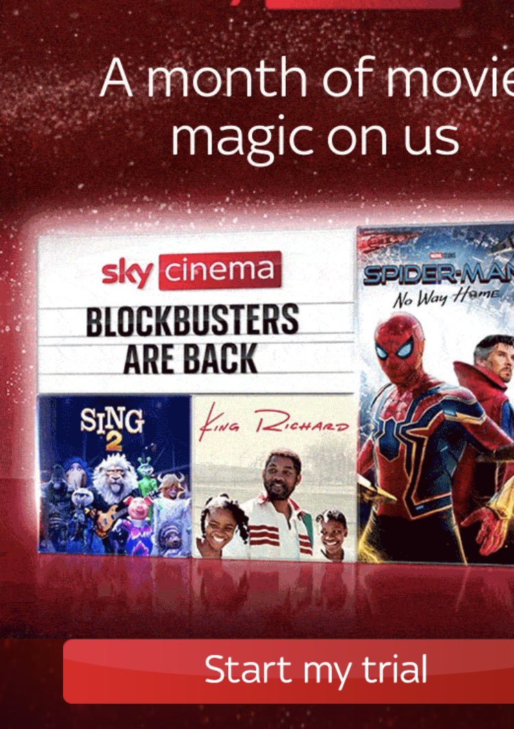 stevefloat's tweet photo. @SkyHelpTeam hi there. Got your email today about free trial of Sky Cinema. Which showed images of films to watch. See pic attached. Signed up, but my children very disappointed that you can’t actually watch Sing 2 on Sky Cinema, as advertised in the email! Can you explain? https://t.co/r0U70GTAei