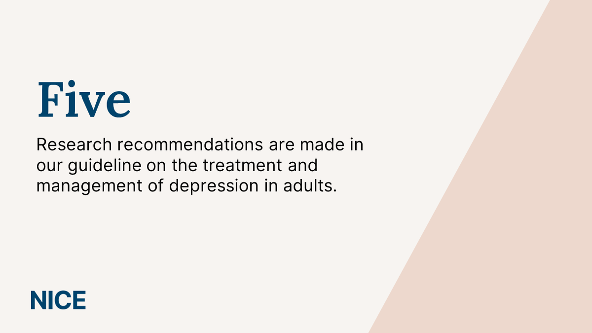 NICEComms's tweet photo. Many NICE guidelines contain @NIHRresearch recommendations.
Our recent guideline on the treatment and management of depression in adults includes five areas where the guideline committee made recommendations for research.
Find out more: https://t.co/QdcjMJtOsF #NICEResearch https://t.co/MZDrLNO9bx