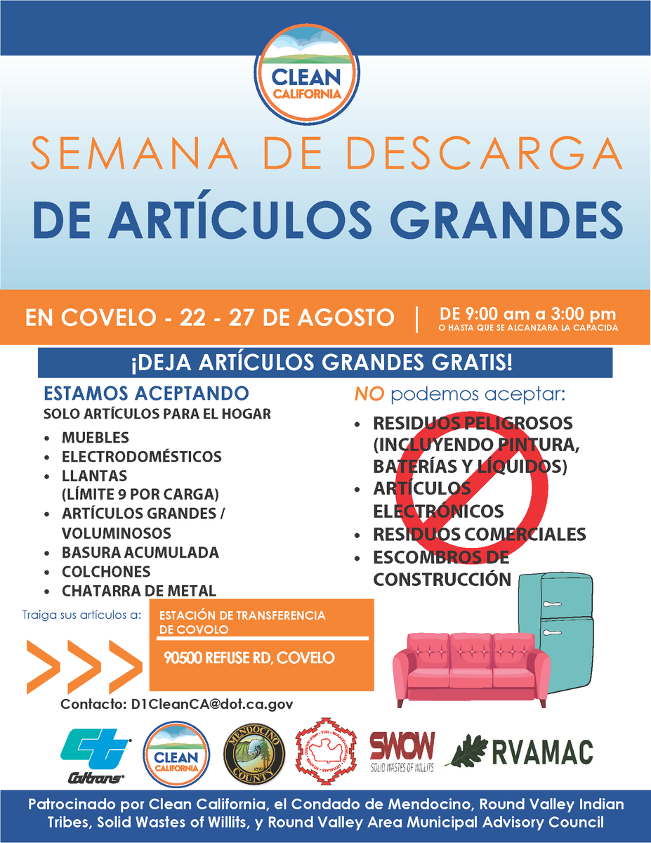 CaltransDist1's tweet photo. 📍 ICYMI We're holding a Large Item Dump Week in Covelo next week! Bring your unwanted items to the Covelo Transfer Station.
Details at https://t.co/KtJ11T3MXU
#CleanCA #CleanHighways @countymendocino #SWOW #RVIT #RVAMAC @CaltransHQ @CAgovernor https://t.co/YYuKovfngV